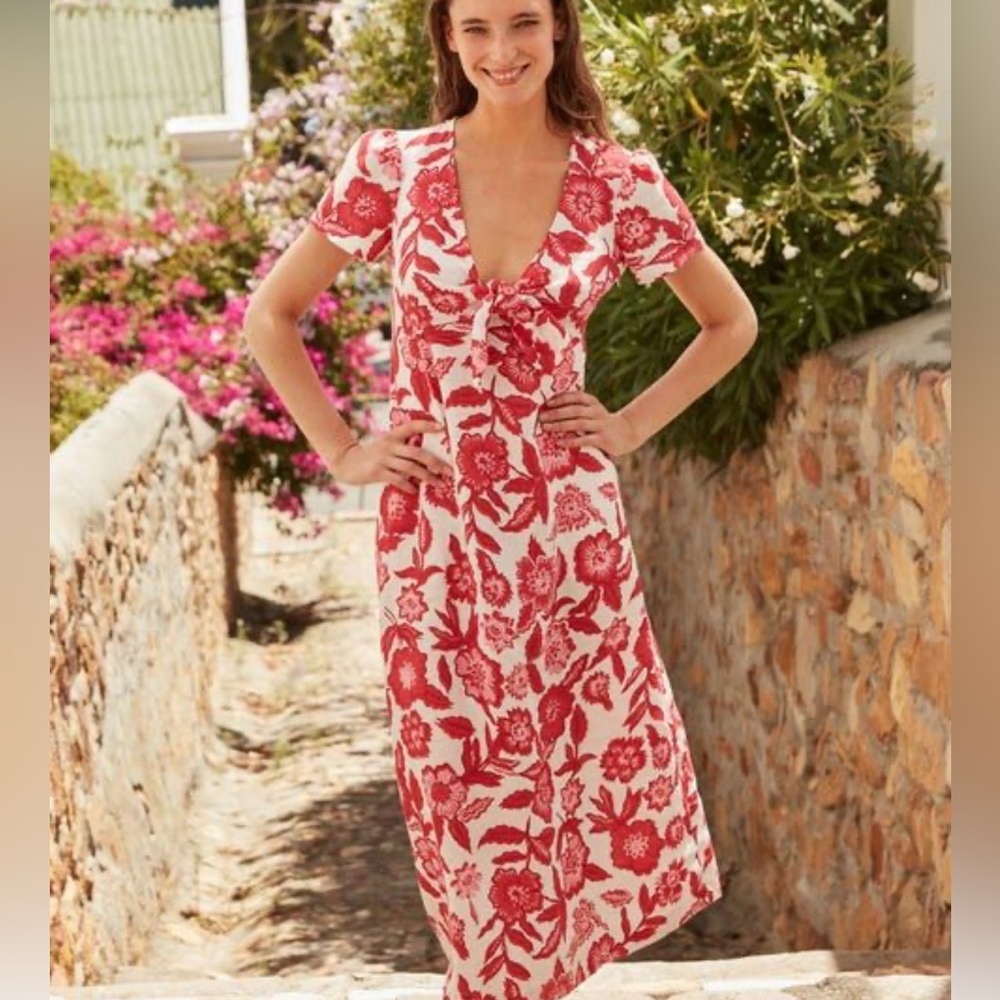 Boden Red and White Ruffled Tiered Midi Dress
